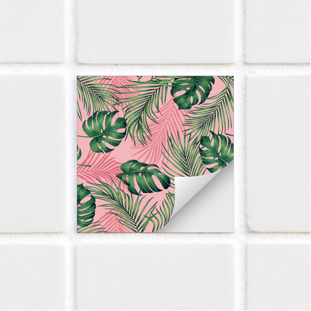 SARAH HOLDEN Tile Stickers Tile Stickers - Pink Tropical Leaves - TS-002-11 Pink tropical tile stickers - Botanical print tile decals
